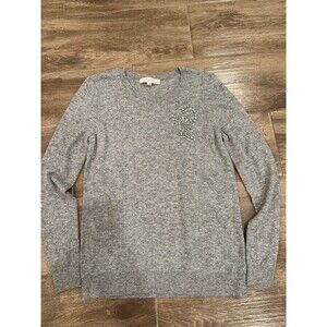 Loft Womens M Gray Wool Blend Floral Embellished Soft Pullover Feminine Girly